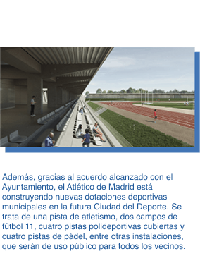 Además, gracias al acuerdo alcanzado con el Ayuntamiento, el Atlético de Madrid está construyendo nuevas dotaciones deportivas municipales en la futura Ciudad del Deporte. Se trata de una pista de atletismo, dos campos de fútbol 11, cuatro pistas polideportivas cubiertas y cuatro pistas de pádel, entre otras instalaciones, que serán de uso público para todos los vecinos.
